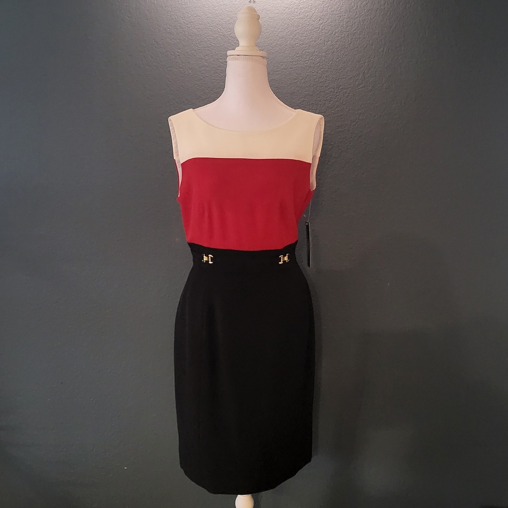 NWT Tahari Arthur S. Levine Colorblock Sheath Dress Red Black Cream Size 10